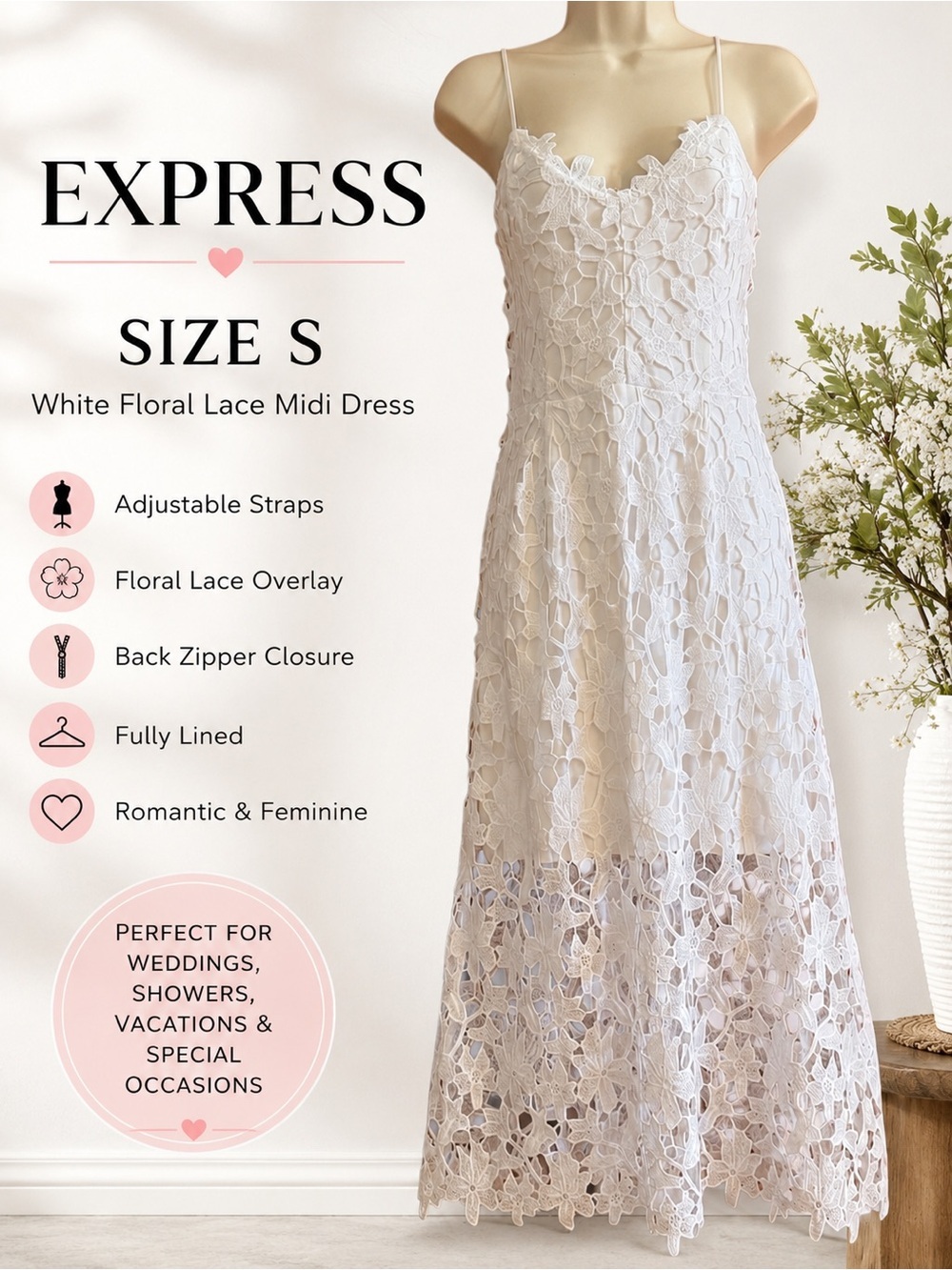 Express White Floral Lace Midi Dress Sz S Adjustable Straps Romantic Cottagecore